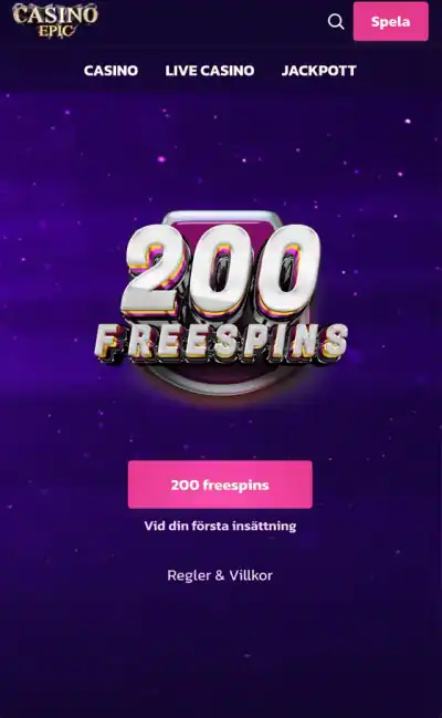 Epic Casino — startsida på mobil