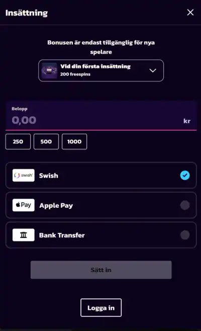 Epic Casino insättning och betalningsmetoder på mobil