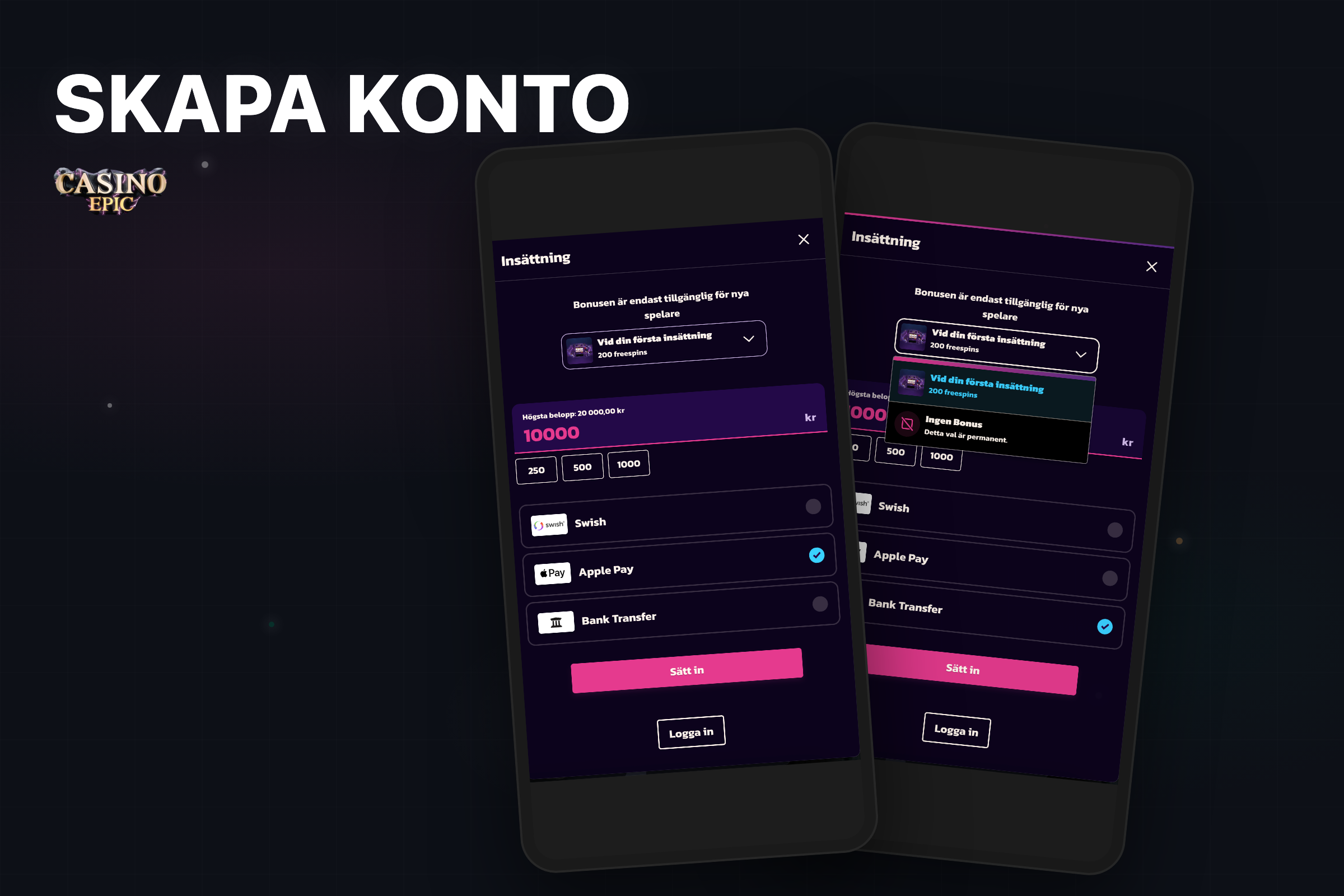 Epic Casino registreringsformulär på mobil